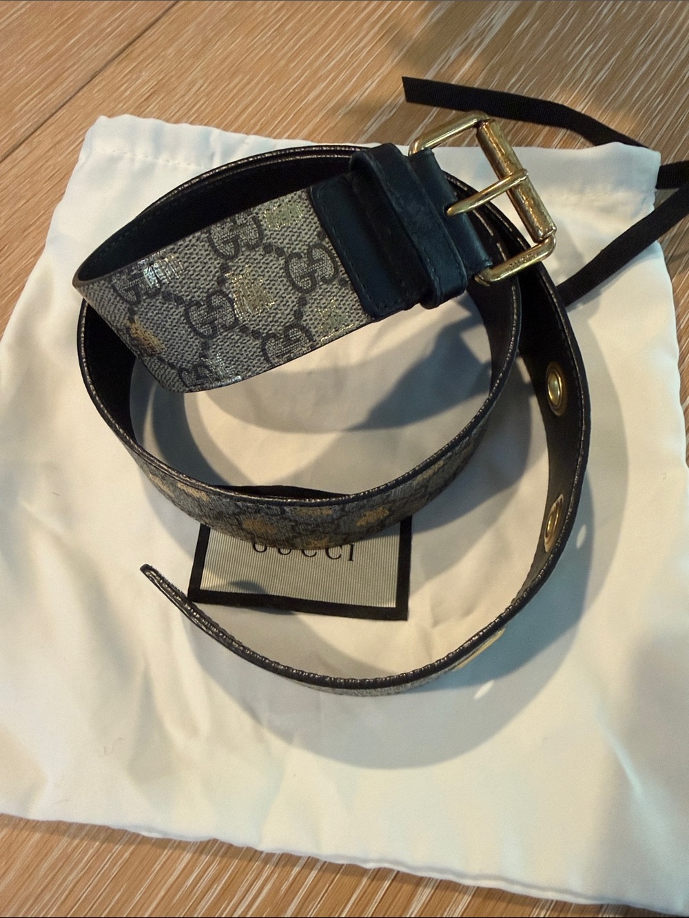 Gucci Beige GG Monogram Belt with Gold Buckle and Black Trim